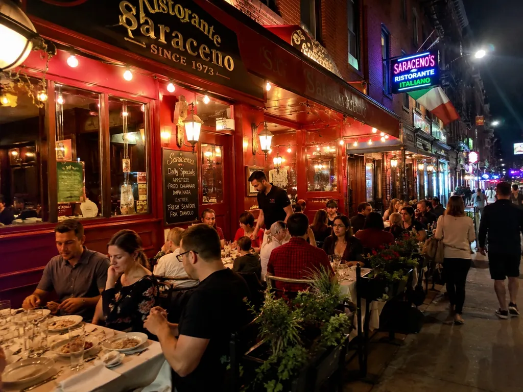 A busy restaurant with outdoor seating, people dining, and a waiter serving food.
