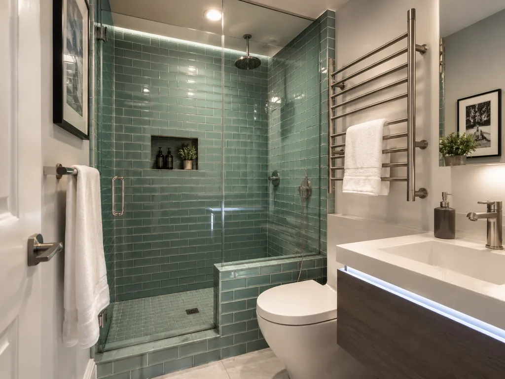 Modern bathroom with teal tiles, a glass shower, and a white sink.