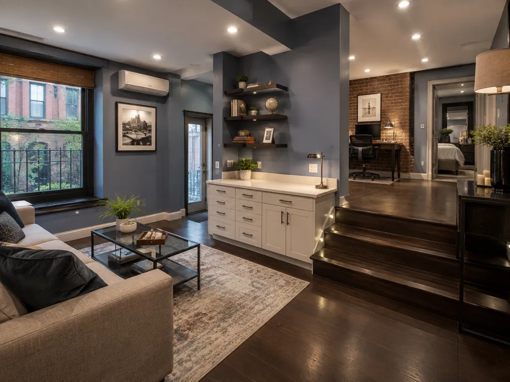 A modern living room with a couch, coffee table, and staircase.