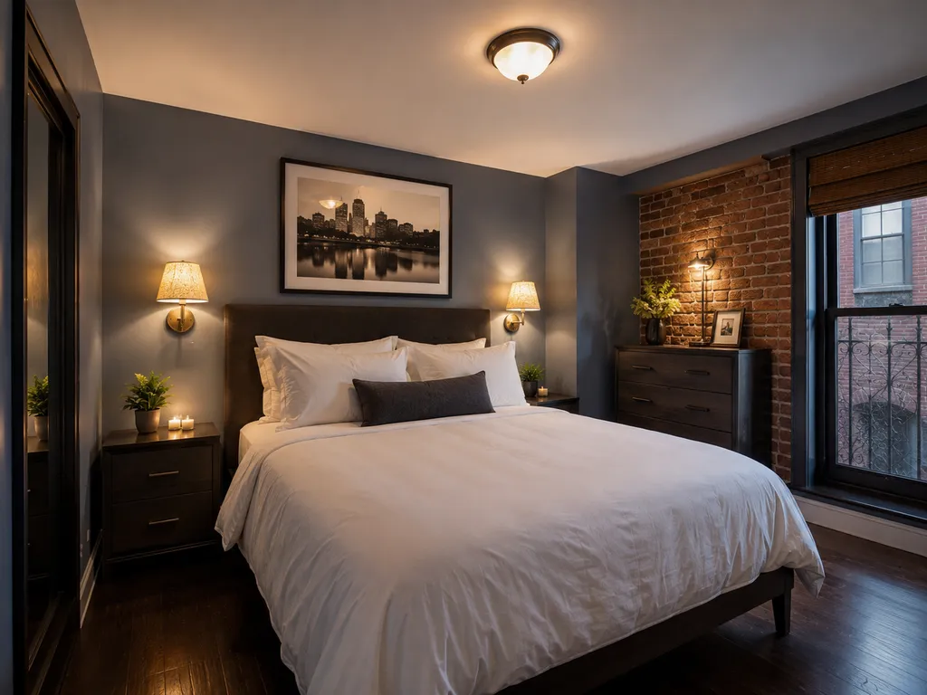 A bedroom with a bed, nightstands, lamps, and a brick wall.