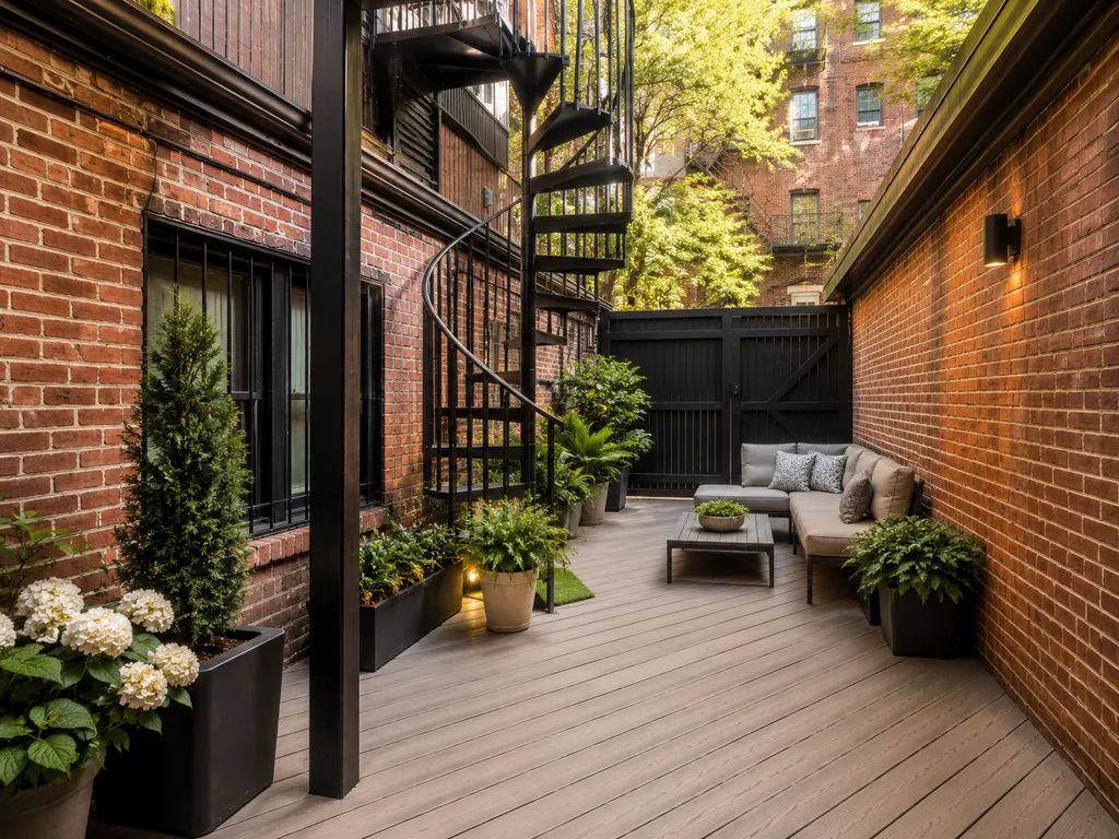 A wooden deck with a spiral staircase, a couch, and potted plants.